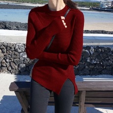 批发黑色打底衫女内搭2026秋冬新款圆领不规则开叉<b class='q'>修身</b>显瘦毛衣针织衫