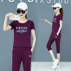 批发906#本店实拍6535棉休闲运动套装女<b class='q'>大码</b><b class='q'>运动服</b>短袖七分裤两件套