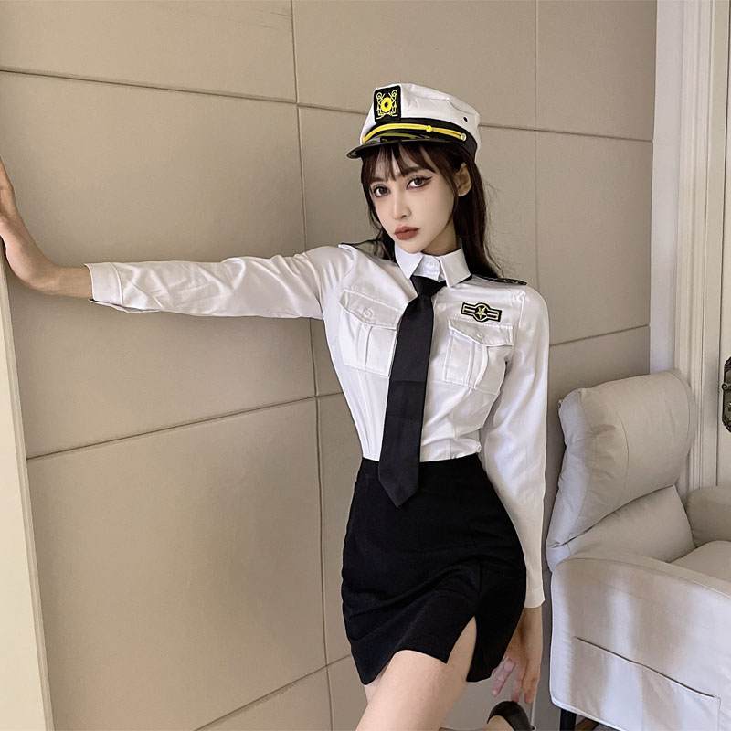 空姐jk制服套装女春季白色职业装领带衬衣 开叉包臀短裙_伊魅萍yzpa