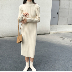批发半高领针织连衣裙女<b class='q'>秋</b>冬黑色毛衣裙过膝长裙中长款宽松打底裙