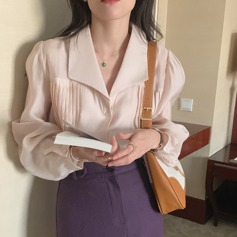실사 우아함 품격 샴페인 마이크로 ~을 통해 긴팔 셔츠 정장 칼라 펌프 Pleat 디자인 맨위