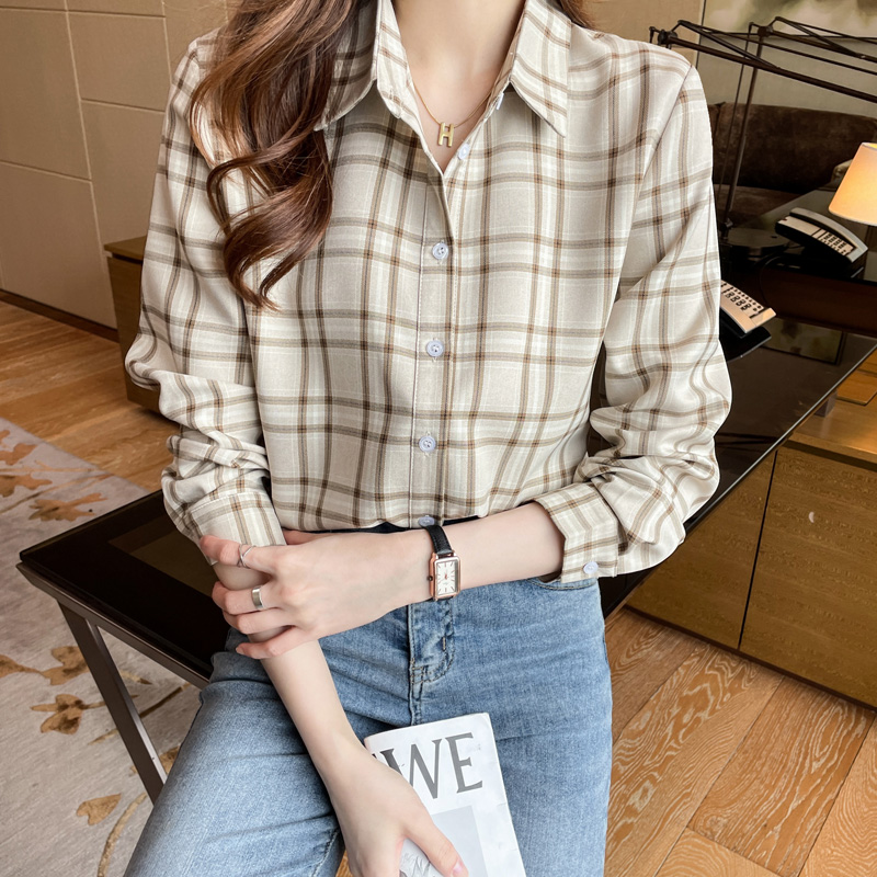 실사 외국 가스 캐주얼 봄 새로운 여성 의류 뒤집다 체크무늬 색상 쉬폰 블라우스 맨위 오픈 가디건 셔츠 기본 셔츠 셔츠