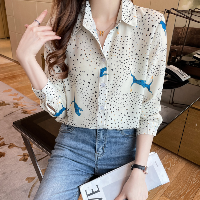 실사 외국 가스 캐주얼 봄 새로운 여성 의류 표범 패턴 쉬폰 블라우스 맨위 오픈 가디건 셔츠 기본 셔츠 셔츠