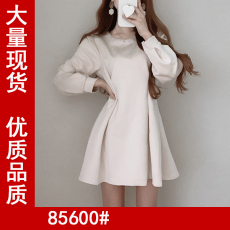 批发复古轻熟气质圆领高腰显瘦<b class='q'>泡泡袖</b>小个子<b class='q'>连衣裙</b>短裙女