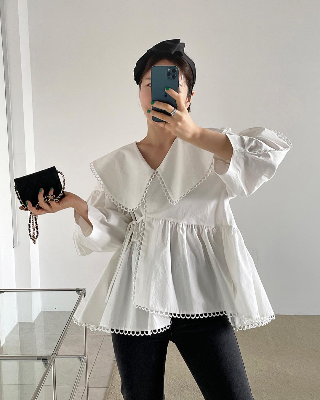 있음 선적 한국 chic 봄 홀로우 아웃 레이스 레이스업 허리 수축 슬림해 보이는 셔츠 맨위