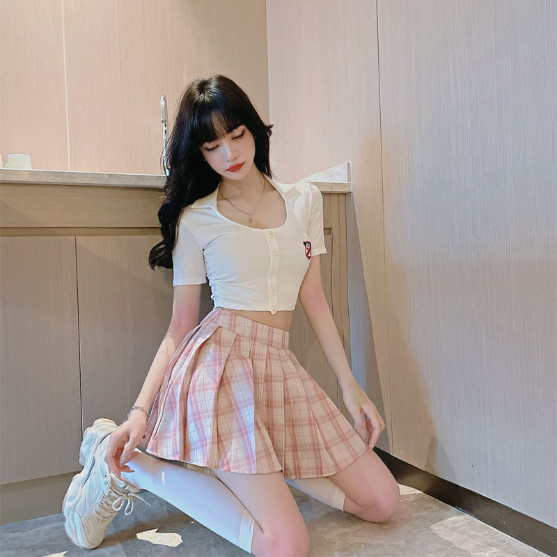 学院风jk套装夏季性感u领露脐短款上衣 高腰百褶裙减龄两件套_伊魅萍