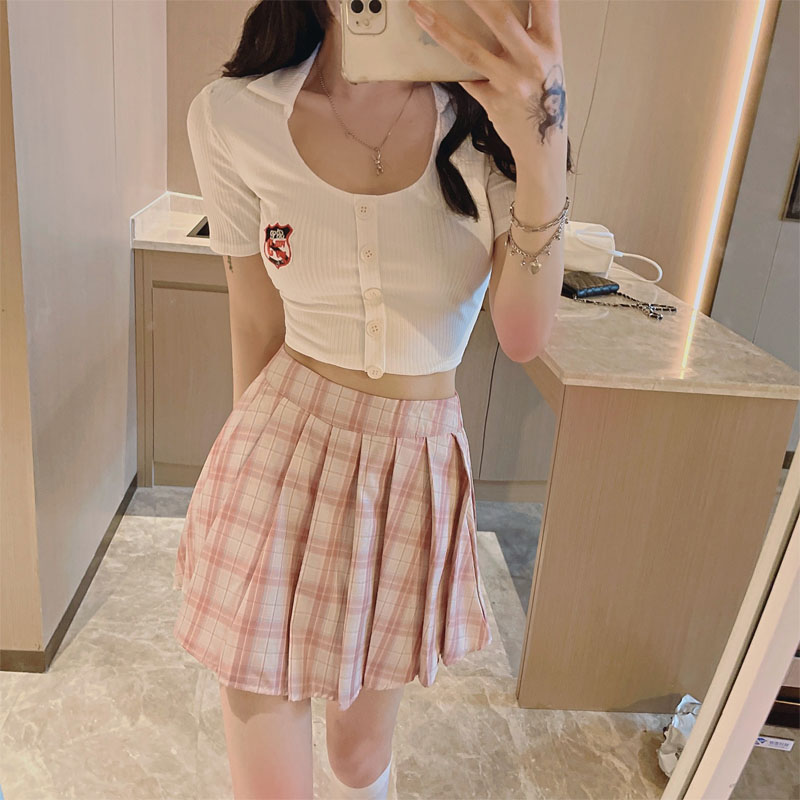 学院风jk套装夏季性感u领露脐短款上衣 高腰百褶裙减龄两件套_伊魅萍