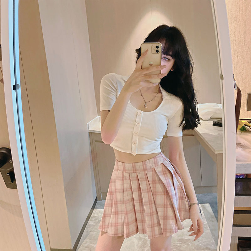 学院风jk套装夏季性感u领露脐短款上衣 高腰百褶裙减龄两件套_伊魅萍
