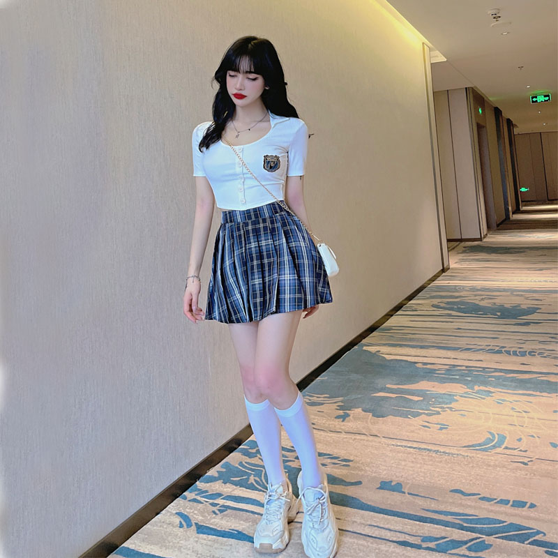 学院风jk套装夏季性感u领露脐短款上衣 高腰百褶裙减龄两件套_伊魅萍