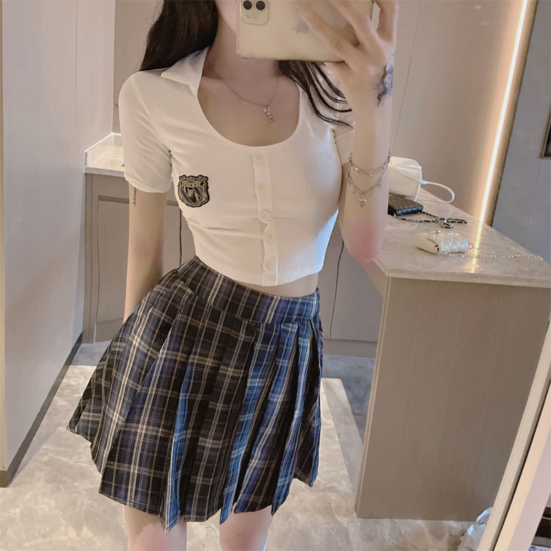学院风jk套装夏季性感u领露脐短款上衣 高腰百褶裙减龄两件套_伊魅萍