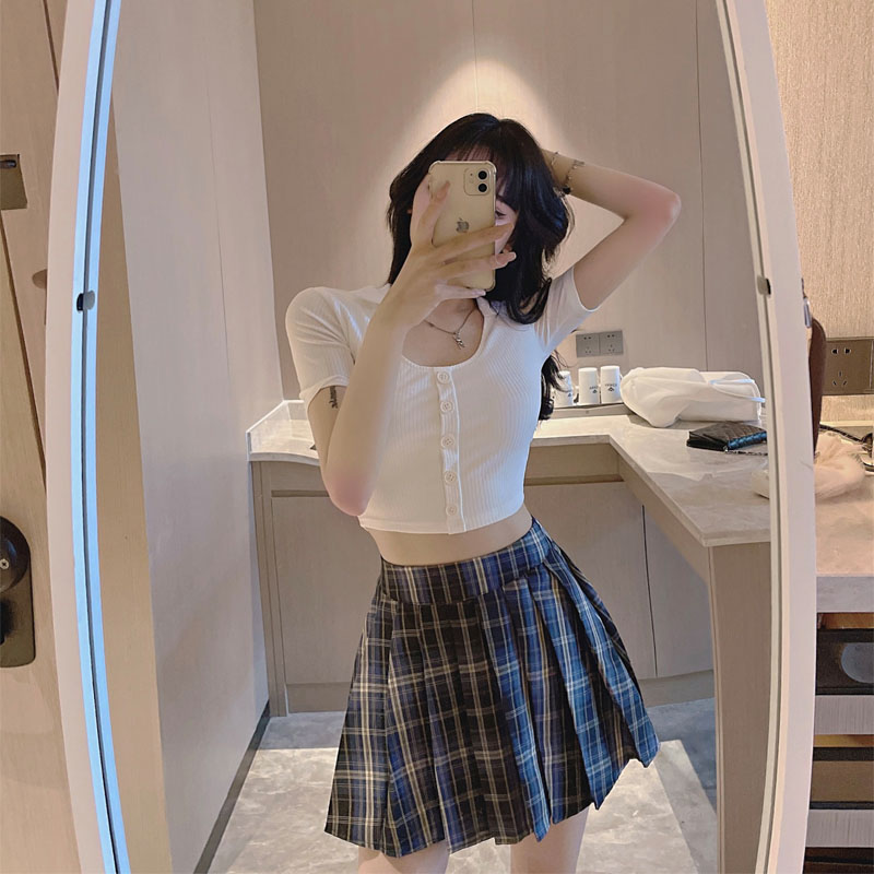 学院风jk套装夏季性感u领露脐短款上衣 高腰百褶裙减龄两件套_伊魅萍