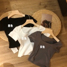 万件现货 锁骨纯色短袖修身T恤女百搭短性感上衣新款春夏打底衫