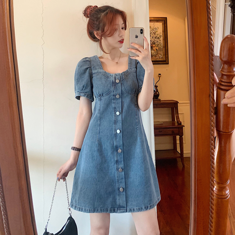 MY5009# 大码牛仔裙连衣裙夏季复古方领泡泡袖可甜可盐显瘦收腰裙女裝貨源服裝批發