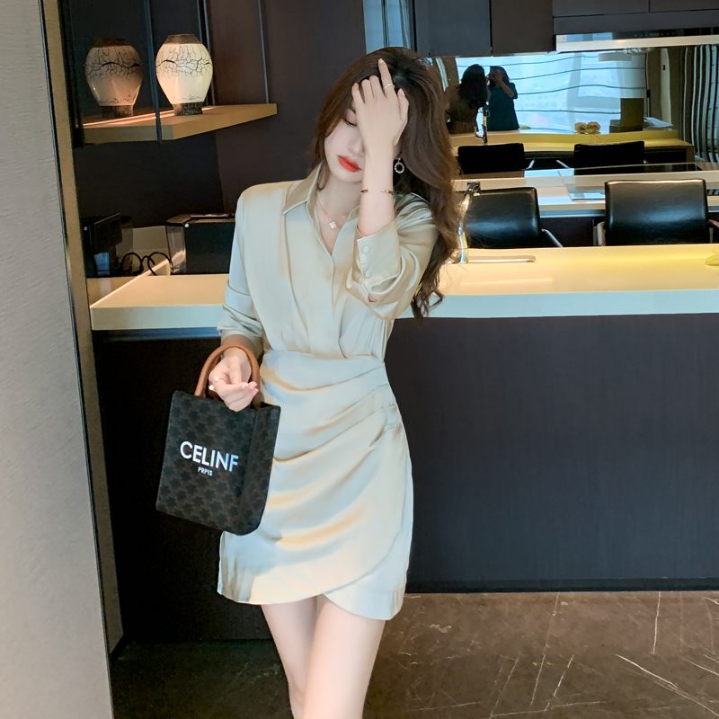 MY13942# 新款时尚高级感修身遮肉显瘦衬衫裙女气质V领连衣裙女裝貨源服裝批發