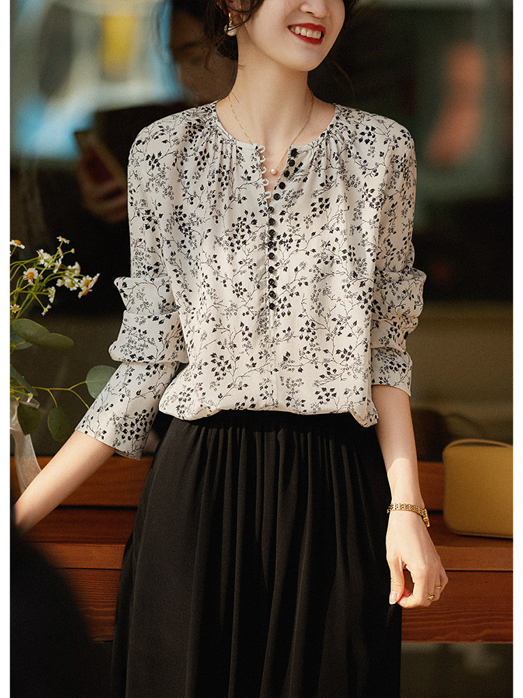 syb482780ag 달콤함 과일 프린트 하프 열기 작은 비밀 버클 더블 크레이프 뽕나무 누에 실크 맨위