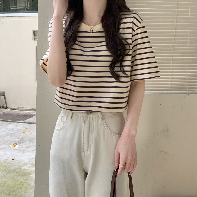 Real shot and real price ~ Summer new loose and versatile round neck college retro ice silk thin striped short-sleeved T-shirt