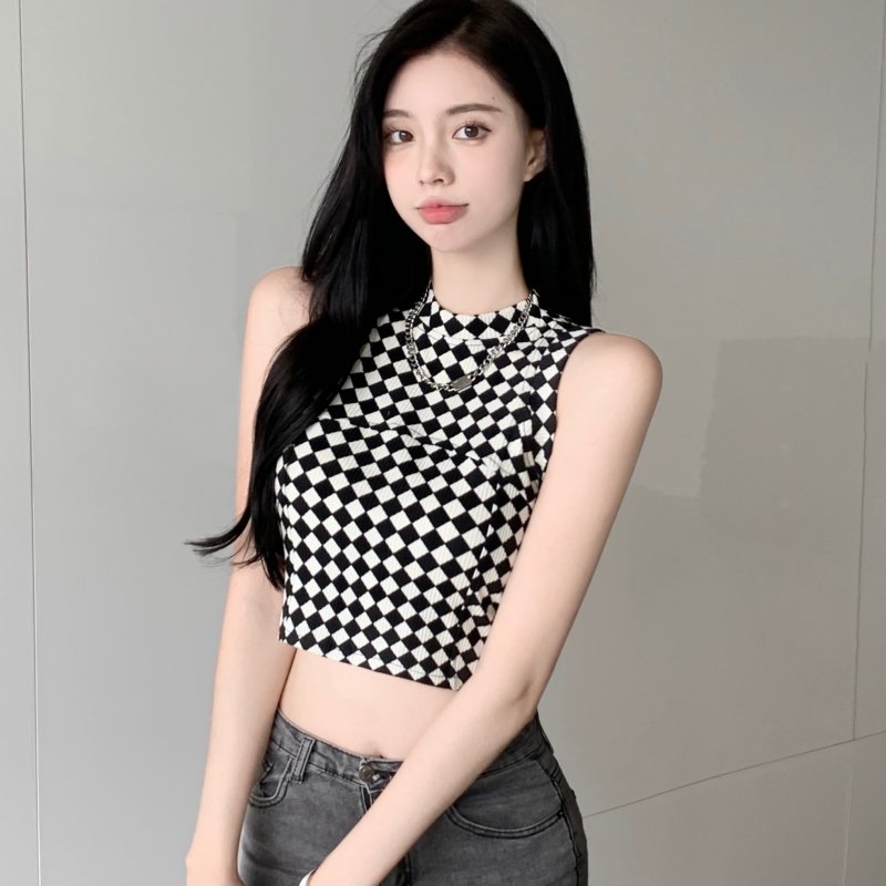 레트로 다용도 체크무늬 얼룩말 곡물 라운드 넥 민소매 조끼 쇼트 스타일 이슬 뼈의 기본 셔츠 맨위 여성
