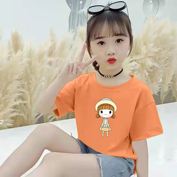 TT79#纯棉中大童女通用夏季短袖T恤新款印花可爱洋气上衣潮