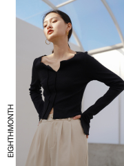 EIGHTHMONTH v-neck sweater women's autumn and winter bottoming shirt top design niche short long-sleeved t-shirt