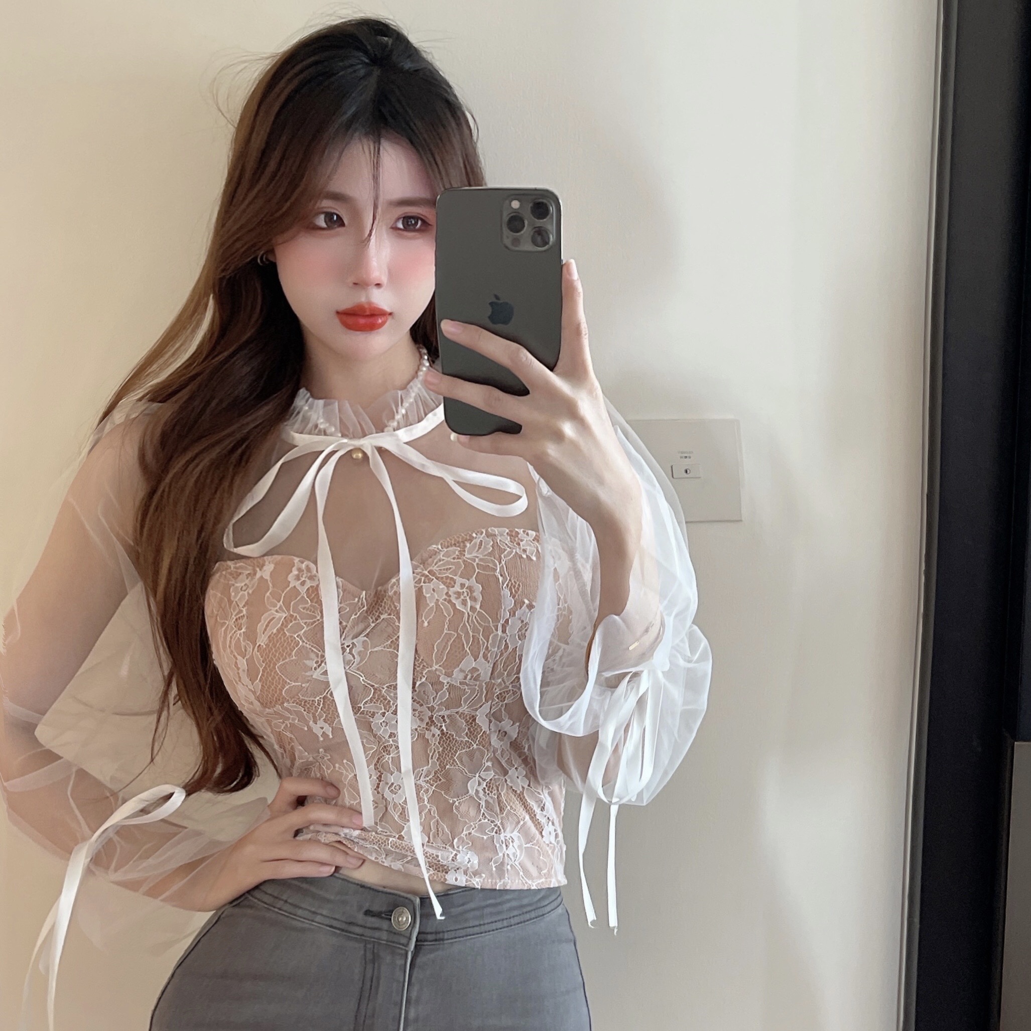 价性感网纱长袖蕾丝打底衫女春季纯欲风辣妹紧身短款上衣潮_本色color