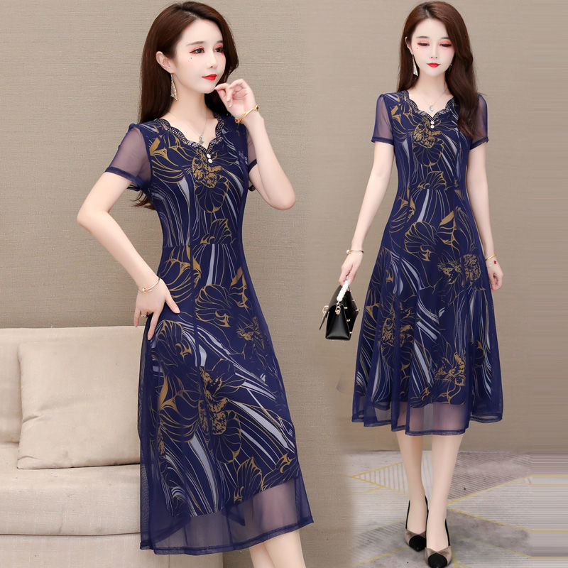 MY14368# 网纱碎花连衣裙女夏季新款洋气修身35岁时尚中长款短袖a字...