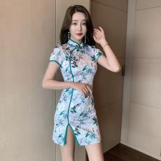 实拍现货~2022新款复古改良旗袍年轻款少女修身印花旗袍连衣裙夏