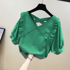 韩版宽松绿色气质V领衬衫上衣 女夏2022新款洋气荷叶边短袖雪纺衫