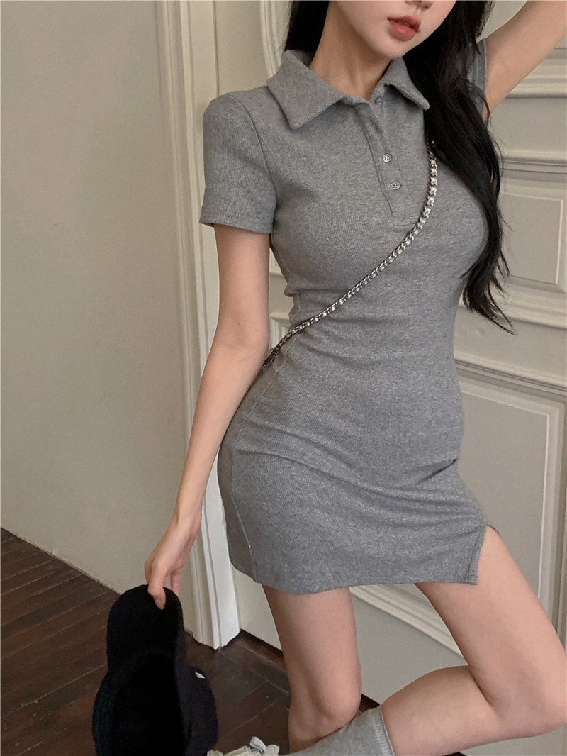 超短裙性感温柔polo领包臀短裙一步裙开叉连衣裙_季迎服饰60jyfs2762