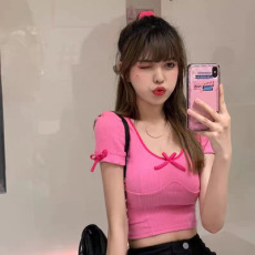 批发蝴蝶结U领修身短袖T恤女春夏2026新款收腰显瘦<b class='q'>露</b><b class='q'>脐</b>短款可爱上衣