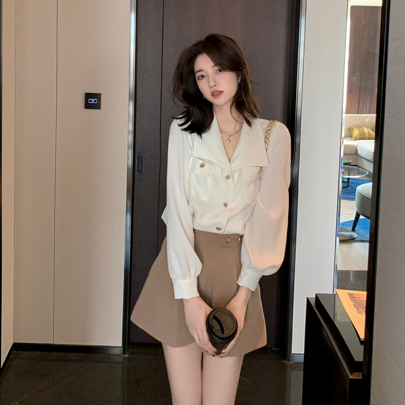 Actual shot of 2024 spring new style French chiffon shirt for women professional blue chiffon shirt top V-neck high-end shirt