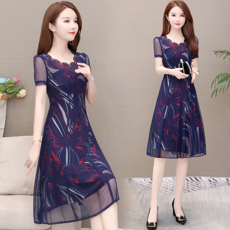 MY14367# 气质印花弹力雪纺连衣裙夏季新款大码宽松遮肚显瘦妈妈台湾纱...