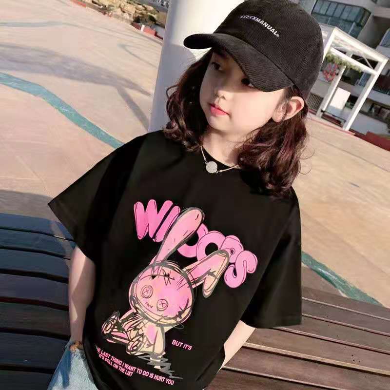 TT85#纯棉中大童女童夏季短袖T恤新款印花宽松可爱洋气上衣