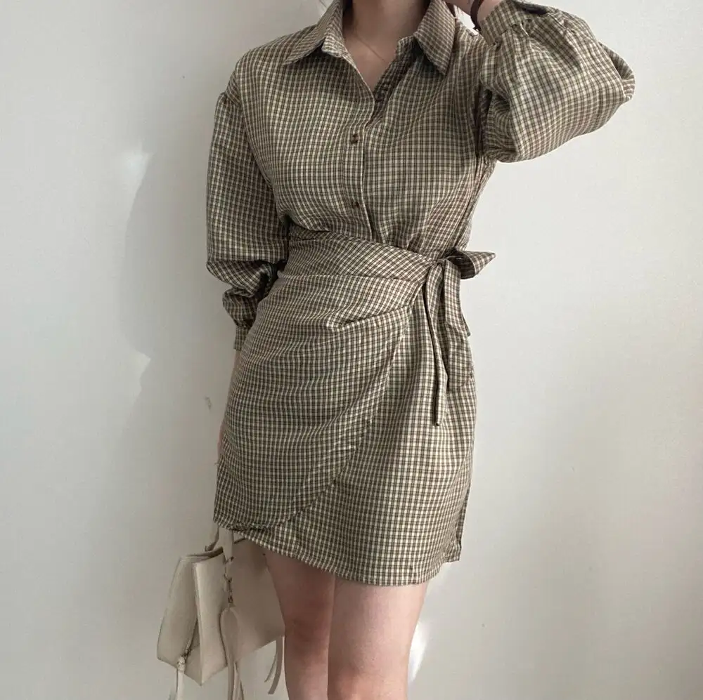 그리드 패턴 셔츠 드레스 여성용 상세 이미지 3