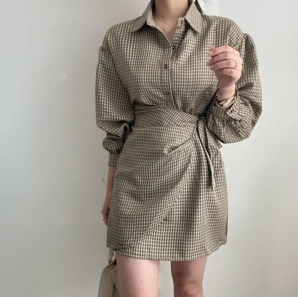 그리드 패턴 셔츠 드레스 여성용 상세 이미지 4