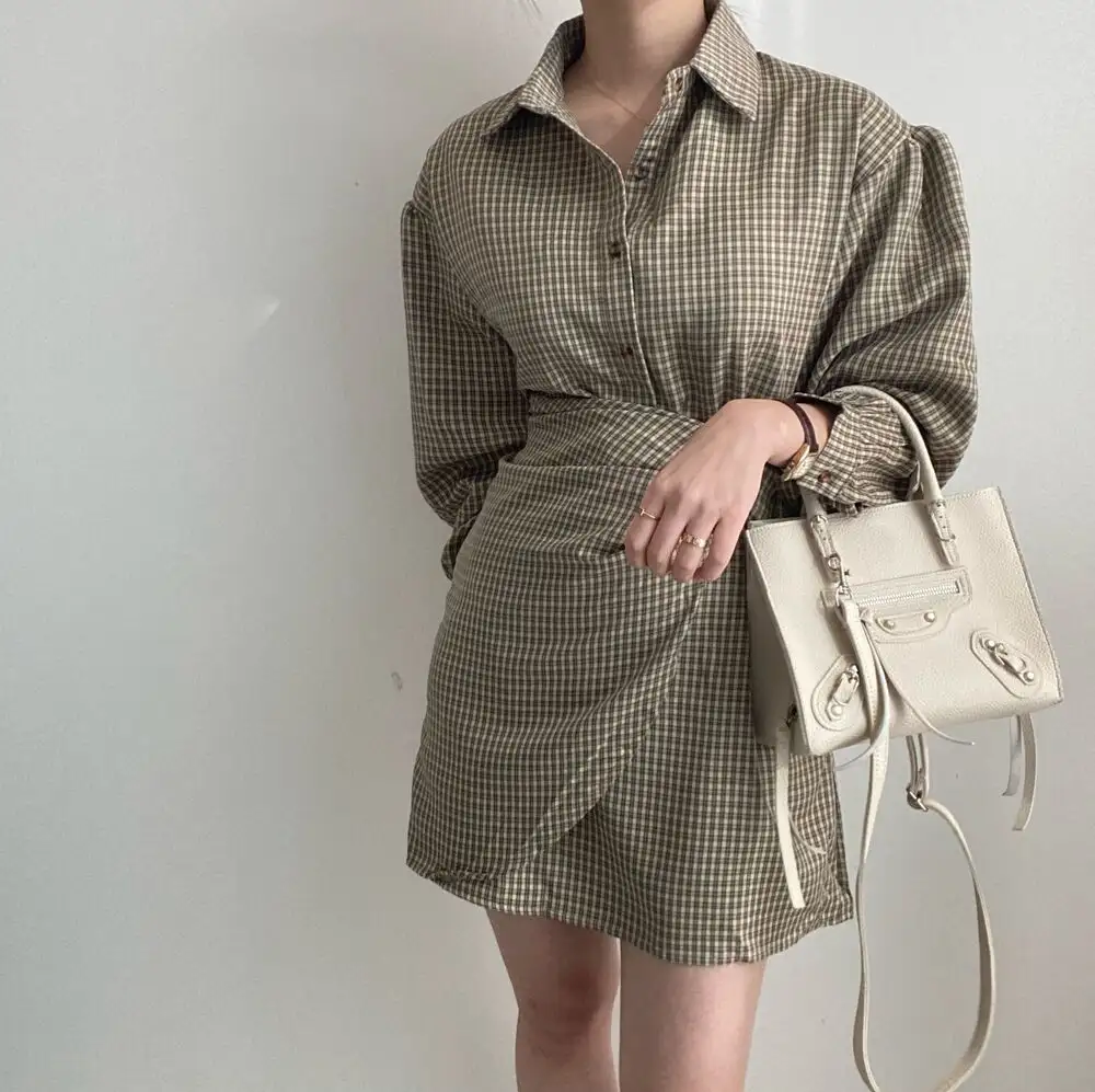 그리드 패턴 셔츠 드레스 여성용 상세 이미지 8