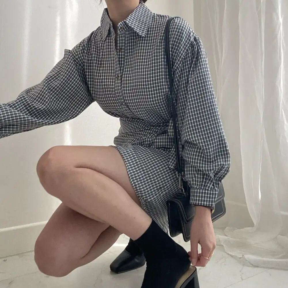 그리드 패턴 셔츠 드레스 여성용 상세 이미지 14