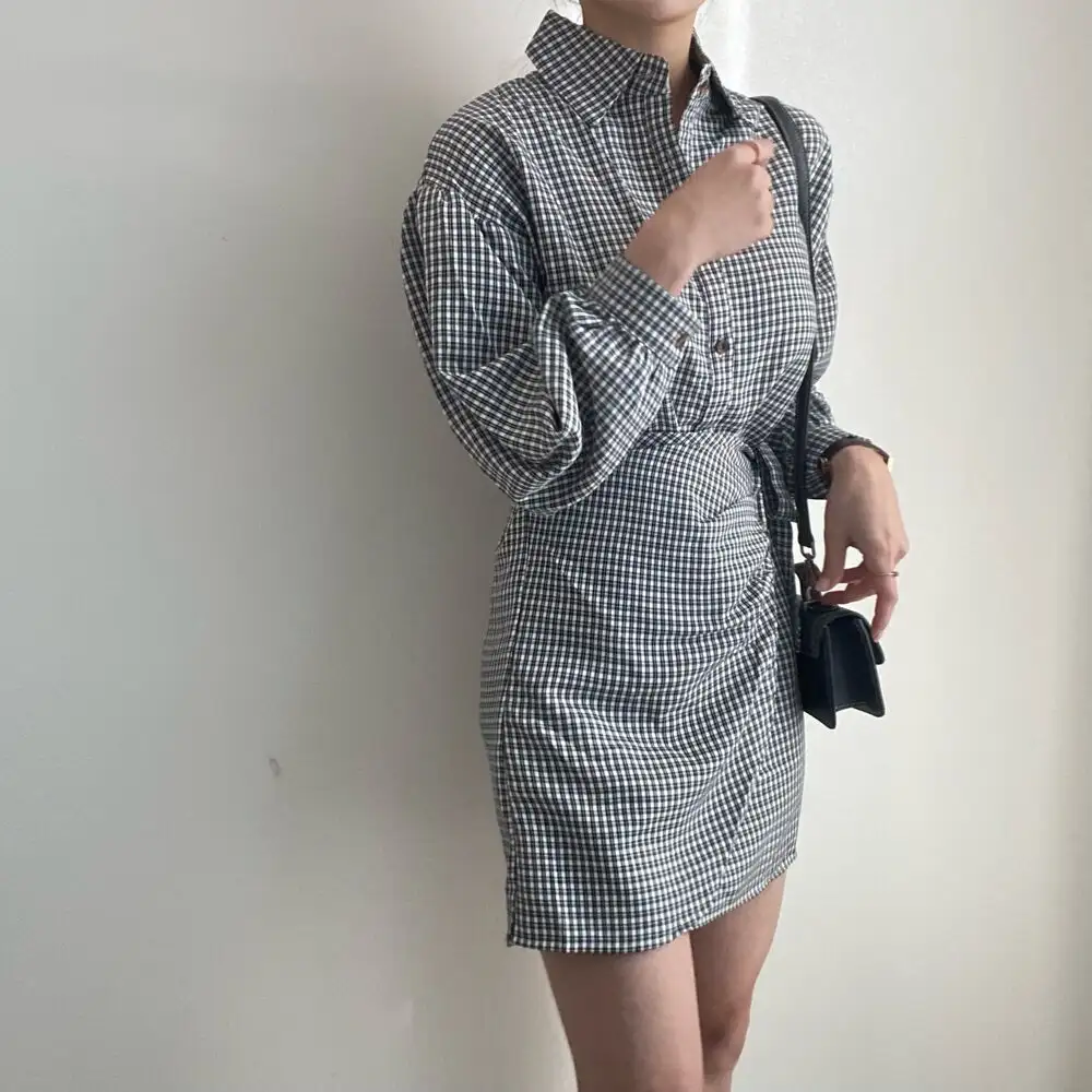 그리드 패턴 셔츠 드레스 여성용 상세 이미지 18