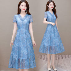 批发2025<b class='q'>夏</b>装新款阔太太<b class='q'>中老年女装</b>40岁短袖雪纺连衣裙洋气印花a字裙