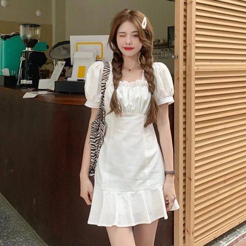 MY11465# 甜辣妹泡泡袖白色连衣裙女夏季新款法式初恋小个子气质短裙子女裝貨源服裝批發