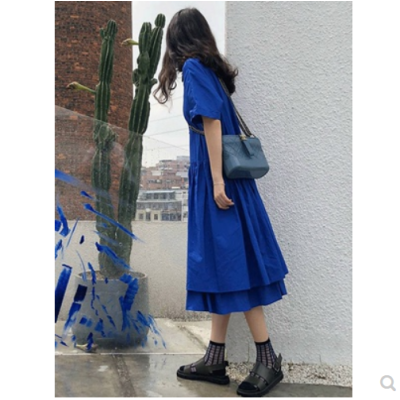 超显白水蓝色连衣裙宽松polo领衬衫裙立体拼接休闲棉麻连衣裙春