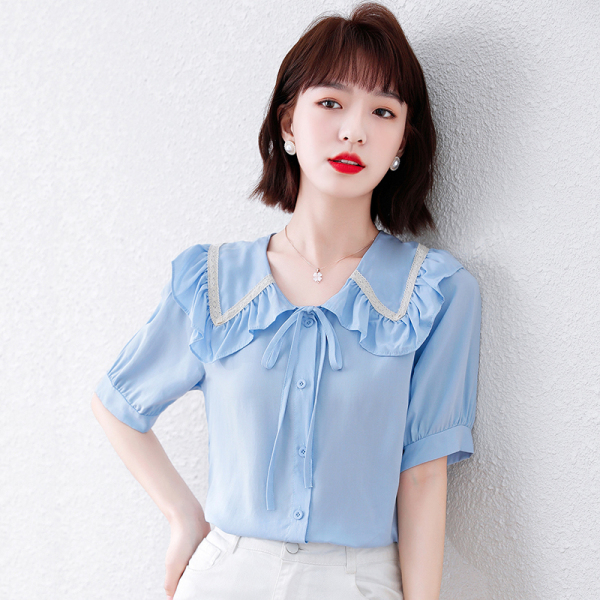 KM13273#夏季2022年新款韩版设计感小众娃娃领衬衣女士木耳边短袖衬...
