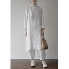 批发白色禅服女仙气苎麻<b class='q'>连衣裙</b>棉麻中国风改良旗袍中式素衣禅意女装夏