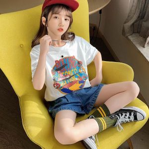 TT90#纯棉中大童女童夏季短袖T恤新款印花宽松可爱洋气上衣