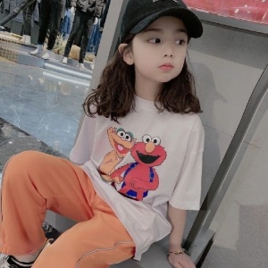 TT91#纯棉中大童女童夏季短袖T恤新款印花宽松可爱洋气上衣