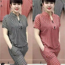 批发短袖套装女2026<b class='q'>夏季</b>新款<b class='q'>妈妈装</b>夏装两件套中老年宽松显瘦格子T恤