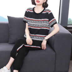批发<b class='q'>气质</b>妈妈套装女新款时尚钩花条纹运动衣服洋气减龄休闲秋装两件套