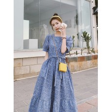 批发碎花连衣裙新款夏季雪纺方领长款及裸高腰复古长裙