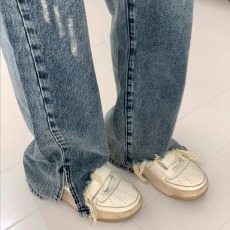 胯大腿粗毛边开叉牛仔裤女春季大码女装胖妹妹mm宽松显瘦阔腿裤子