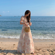 三亚沙滩裙女夏法式长款雪纺碎花超仙波西米亚海边度假连衣裙长裙