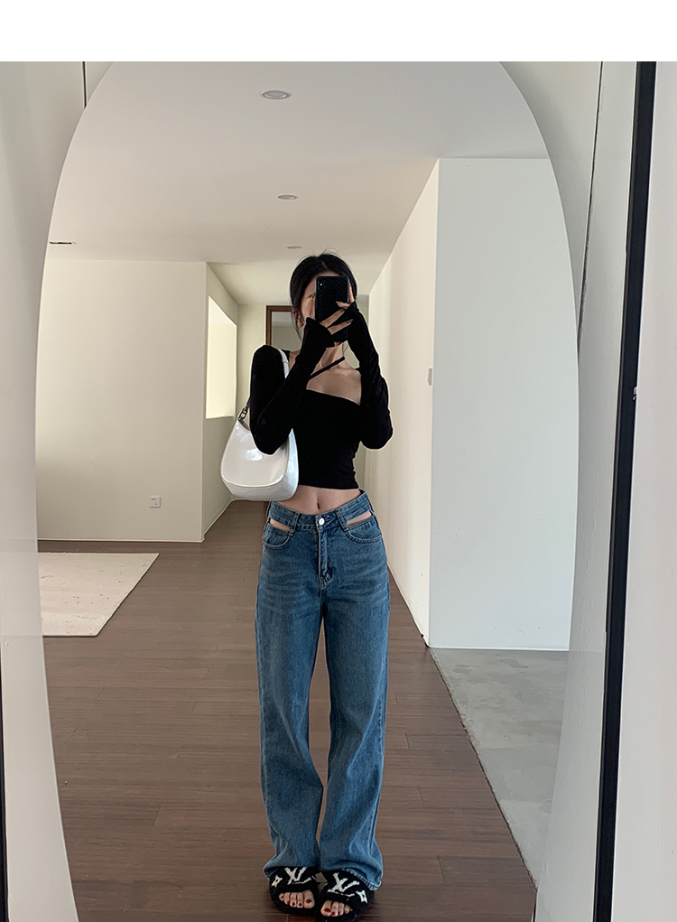 张公子studio小众设计感高腰直筒阔腿露腰牛仔裤子女宽松拖地裤_派蕊